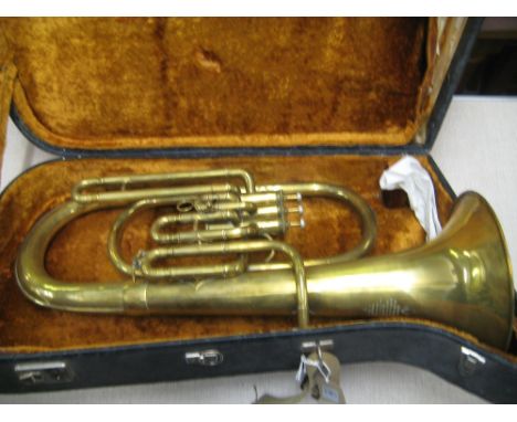 Early 20th Century brass tuba marked ' Maker to H.M. Forces, A. Hall Gisborne ' in a fitted case CONDITION REPORT Valves stic