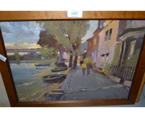 Gordon Hales, 20th Century oil on canvas, ' Chiswick Walk ', together with a 20th Century oil on board, lady playing a mandol