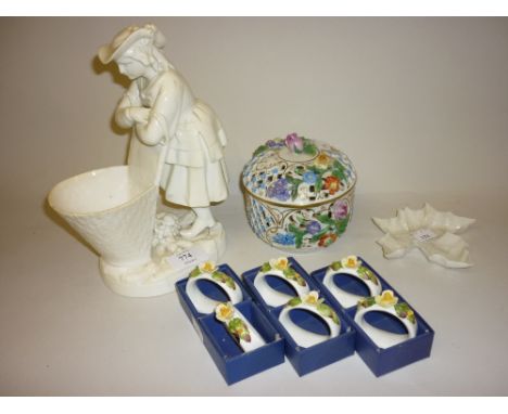 19th Century Minton white glazed figure of a girl leaning on a basket (a/f), a Coalport floral encrusted dish (a/f), modern D