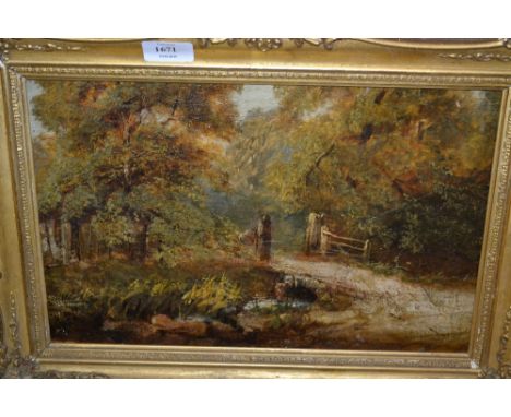 William Physick, signed oil, landscape with wooden gate by a stream, 9.5ins x 14.5ins CONDITION REPORT This is painted on pan