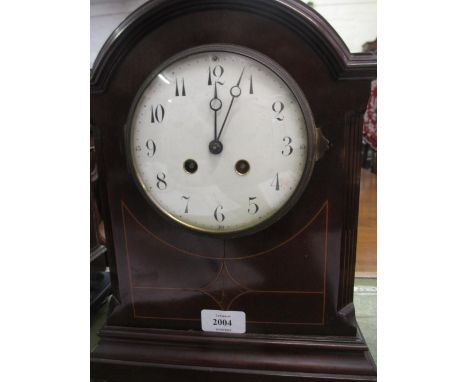 Edwardian mahogany line inlaid mantel clock having circular enamel dial with Arabic numerals and two train movement striking 