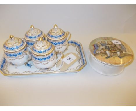 Set of four Continental porcelain chocolate cups decorated in blue and gilt together with a similar tray and a Pratt ware pot