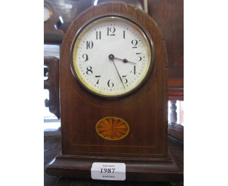 Edwardian mahogany and inlaid dome shaped mantel clock with enamel dial and Arabic numerals