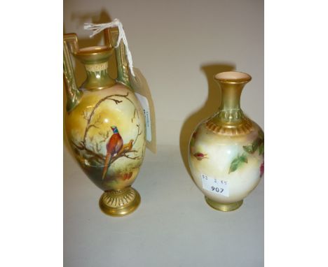 Two Royal Worcester baluster form vases, painted with birds and flowers, one signed Southall (both a/f)