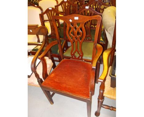 19th Century mahogany open armchair with pierced splat back and drop-in seat together with an elm and beech smokers bow chair