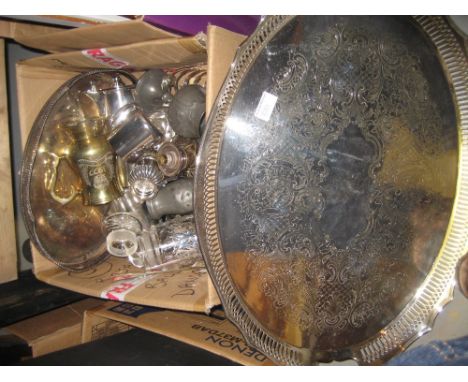 Oval plated galleried tray, four piece plated tea service and other miscellaneous silver plate