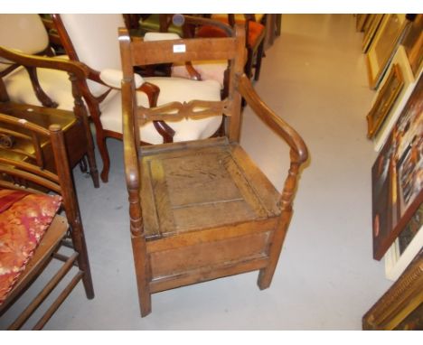 19th Century oak open elbow commode chair on square supports