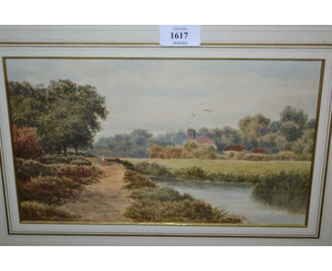 Gilt framed watercolour, landscape, figure on a track beside a river with distant church, indistinctly signed, gilt framed, 8