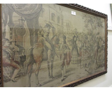 Framed 20th Century machine woven tapestry, 18th Century figures in a street, bird and floral needlework panel and another mo
