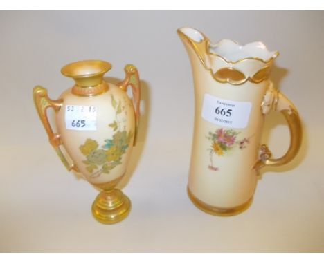 Royal Worcester blush ivory tusk form jug painted with flowers, a similar two handled baluster form vase and a jug vase with 