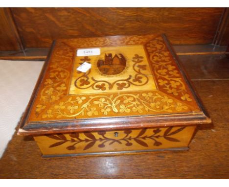 19th Century Killarney inlaid box, the hinged cover decorated with shamrocks together with a Victorian walnut and parquetry i