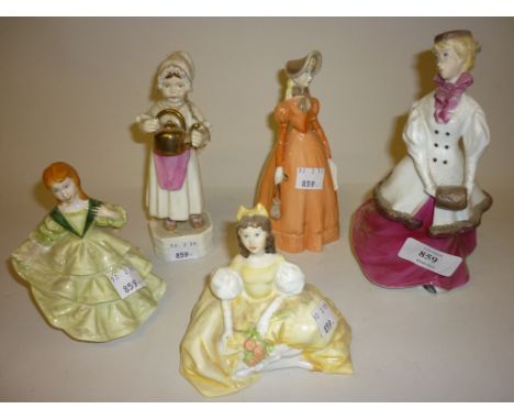 Collection of five modern Royal Worcester figures,' Affection ', ' Winter Waltz ', ' Polly Put the Kettle on ', ' Bridesmaid 