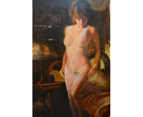 20th Century, oil on canvas, full length portrait of a semi nude girl, signed, De Santis, 39ins x 28ins, unframed