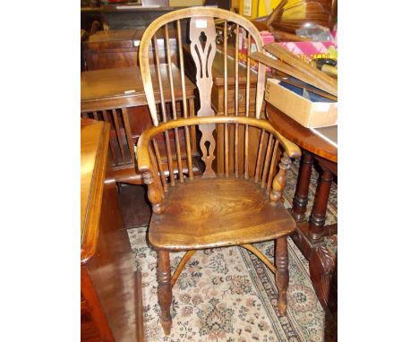 19th Century ash and elm Windsor hoop and stick back chair with pierced centre splat, turned supports and crinoline stretcher