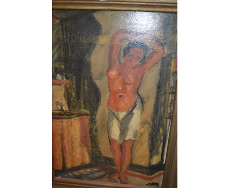 Mid 20th Century oil on canvas, portrait of a semi nude female in an interior, indistinctly signed, 23ins x 16ins