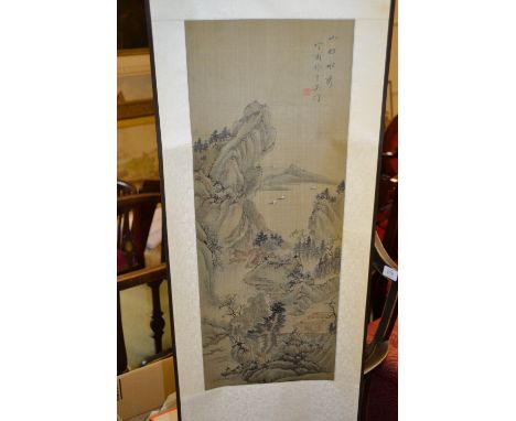 Three Chinese scroll paintings, landscapes, all inscribed