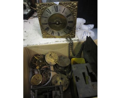 Box containing a quantity of various clock movements etc including a mid 18th Century bird cage clock with dial, the chapter 