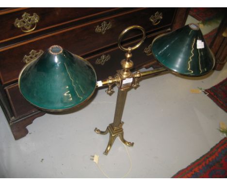 Large brass two branch table lamp with green glass shades