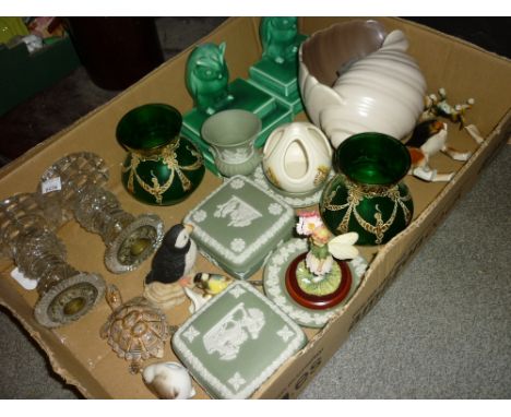 Box containing a quantity of miscellaneous ceramics including Poole Pottery shell form vase and pair of Sylvac style bookends