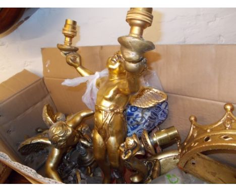 Three various hanging lustres in the form of winged cherubs, pair of two branch wall sconces, gilt metal coronet, three gilt 