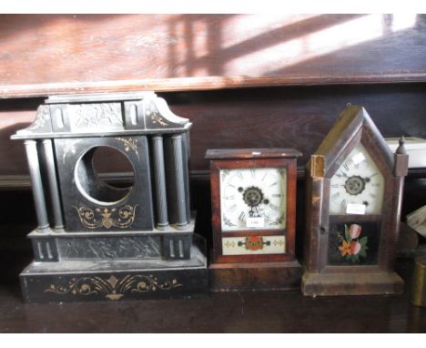 Late 19th Century German walnut mantel clock together with an American mahogany lancet clock and a black slate clock case (al