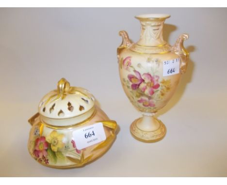 Royal Worcester two handled baluster form vase painted with flowers on a blush ivory ground together with a similar globular 