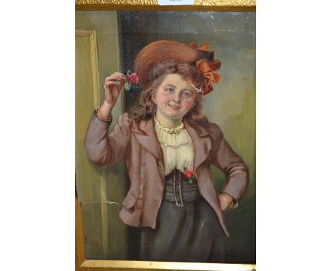 Justus Hill, oil on canvas, three quarter length portrait of a girl standing beside a door holding a rose (for restoration), 