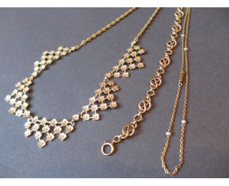 9ct Gold bracelet together with a gold and seed pearl necklace and a gilt metal fringe necklet