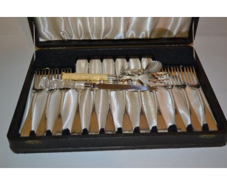 Cased set of plated fish knives and forks, plated pickle fork, letter opener and caddy spoon