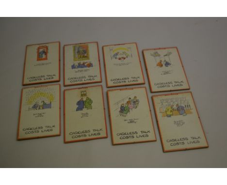 Fougasse, group of eight small posters printed in colours (lithograph), circa mid 1940's, entitled ' Careless Talk Costs Live