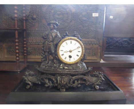 19th Century patinated spelter figural mantel clock with a single train movement