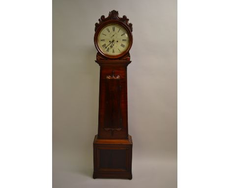 19th Century Scottish mahogany longcase clock having carved circular hood with a painted circular dial having Roman numerals,