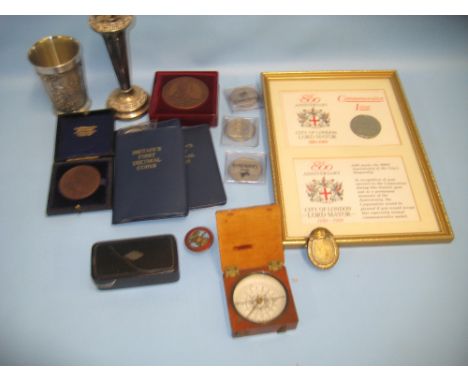 Wooden cased compass, papier mache snuff box, a vesta in the form of a jockey's cap and horseshoe and other miscellaneous ite