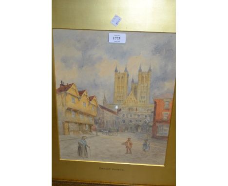 Oil on board, Highland cattle in a moorland landscape, gilt framed, unsigned, 5ins x 18ins, watercolour of Lincoln Cathedral 