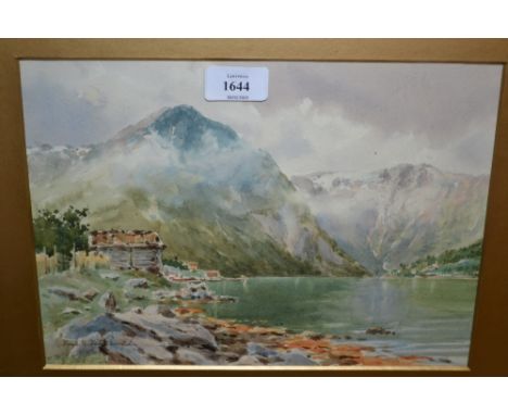 Fred R. Fitzgerald, watercolour of a mountainous lake scene, signed, gilt framed, 8ins x 12ins