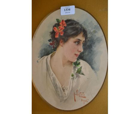 Late 19th / early 20th Century watercolour, head and shoulder portrait of a young lady with red flowers in her hair, signed D