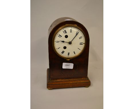 Edwardian mahogany line inlaid dome top mantel clock with later French movement, two oak cased dome top mantel clocks and a p