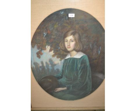 W. Pascoe, pastel portrait of a seated girl wearing a blue green dress and holding a fur hat, a landscape beyond, 30ins x 24i