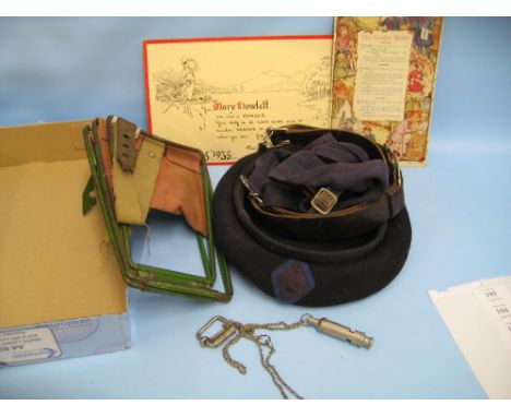 1930's Girl Guide belt, whistle, hat, folding camp stool, motto card and original printed Baden Powell certificate for Mary H