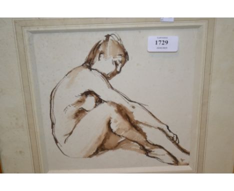 Monochrome watercolour, nude figure sketch, gilt framed, together with a framed sketch, fir tree in Kew gardens, 1956, gilt f