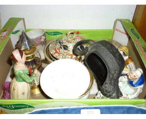 Pair of Staffordshire figures, the cobbler and his wife, small Staffordshire figure of a ram, another of a girl playing a tam