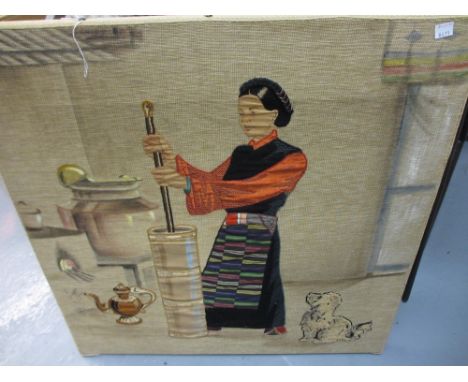 Square textile applique picture depicting a woman and dog working in a kitchen, 26ins square CONDITION REPORT The photos give