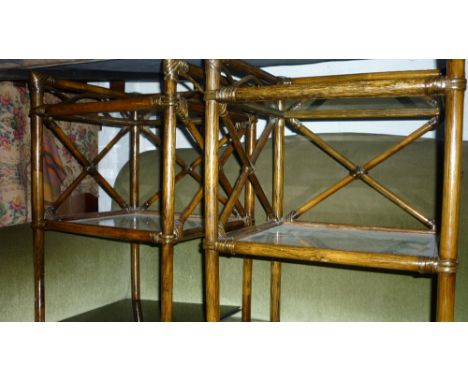 Pair of 20th Century bamboo two tier bedside tables, together with a teak coffee table with undertier and a gilt metal corner