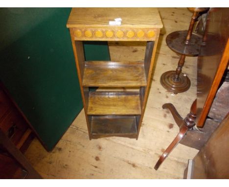 Small oak open bookshelf, an oak aneroid barometer thermometer, rectangular tray and a smokers stand