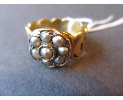 19th Century 18ct yellow gold seed pearl set memorial ring