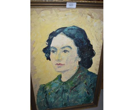 20th Century oil on card, head and shoulder portrait of a lady, bearing label verso and signed R.O. Dunlop, 21.5ins x 13.5ins