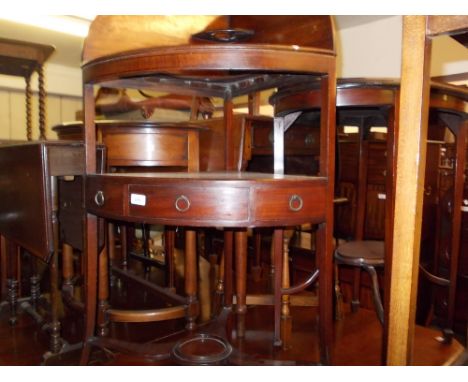 Reproduction half round side table, nest of three rectangular oak occasional tables, wine table and a standard lamp