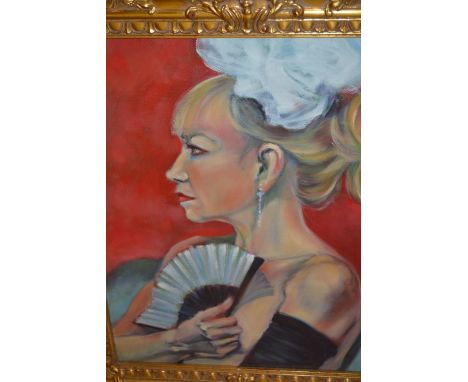 Hilary Vernon-Smith, oil on canvas, portrait of Amanda wearing a white headdress and holding a fan, signed on the reverse, 19