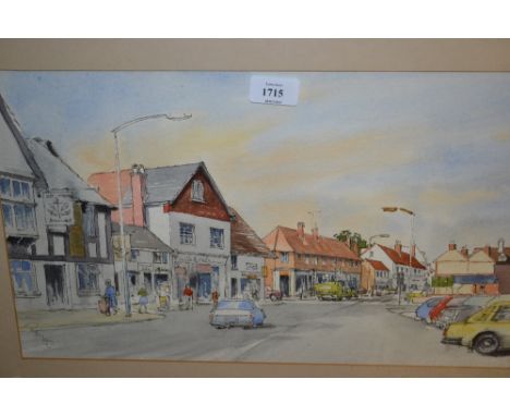 R. Allison, pen and watercolour of old Woking High Street in the late 1960's / early '70's, signed