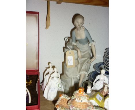 Large Nao matt glazed figure of a girl with water pitchers together with three miniature Coalport figures